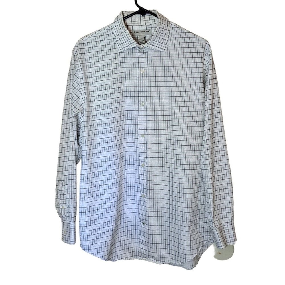 Banana Republic Shirt Mens Large Long Sleeve White Brown Tan Checks Squares